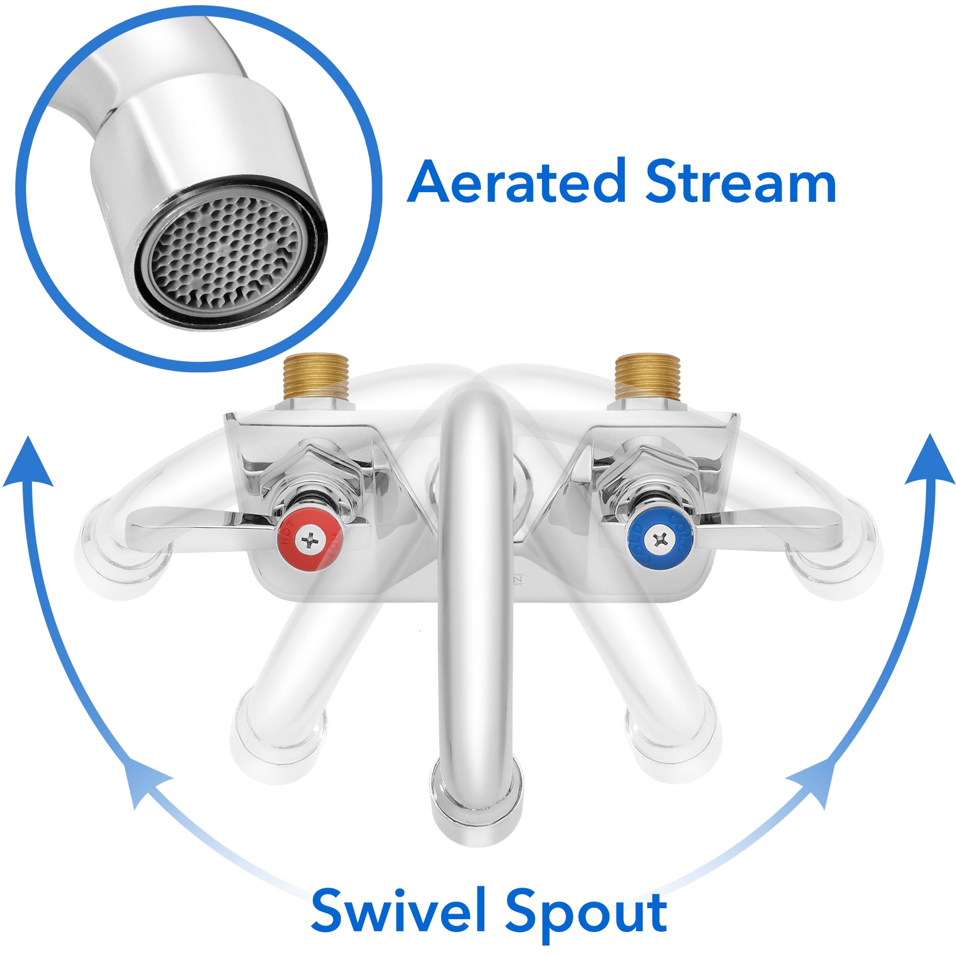 Wall Mount Sink Faucet with 4" Center and 31/2" Swivel Gooseneck Spou